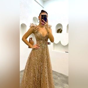 Beige Volan Detail Embroidered Tulle Evening Dress